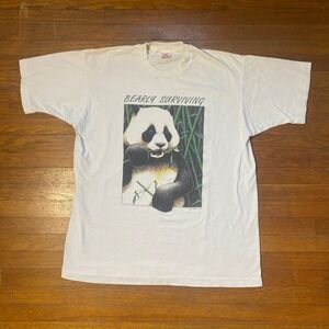 1993 Human i Tees Vintage Adult L White Panda Bearly Surviving T Shirt